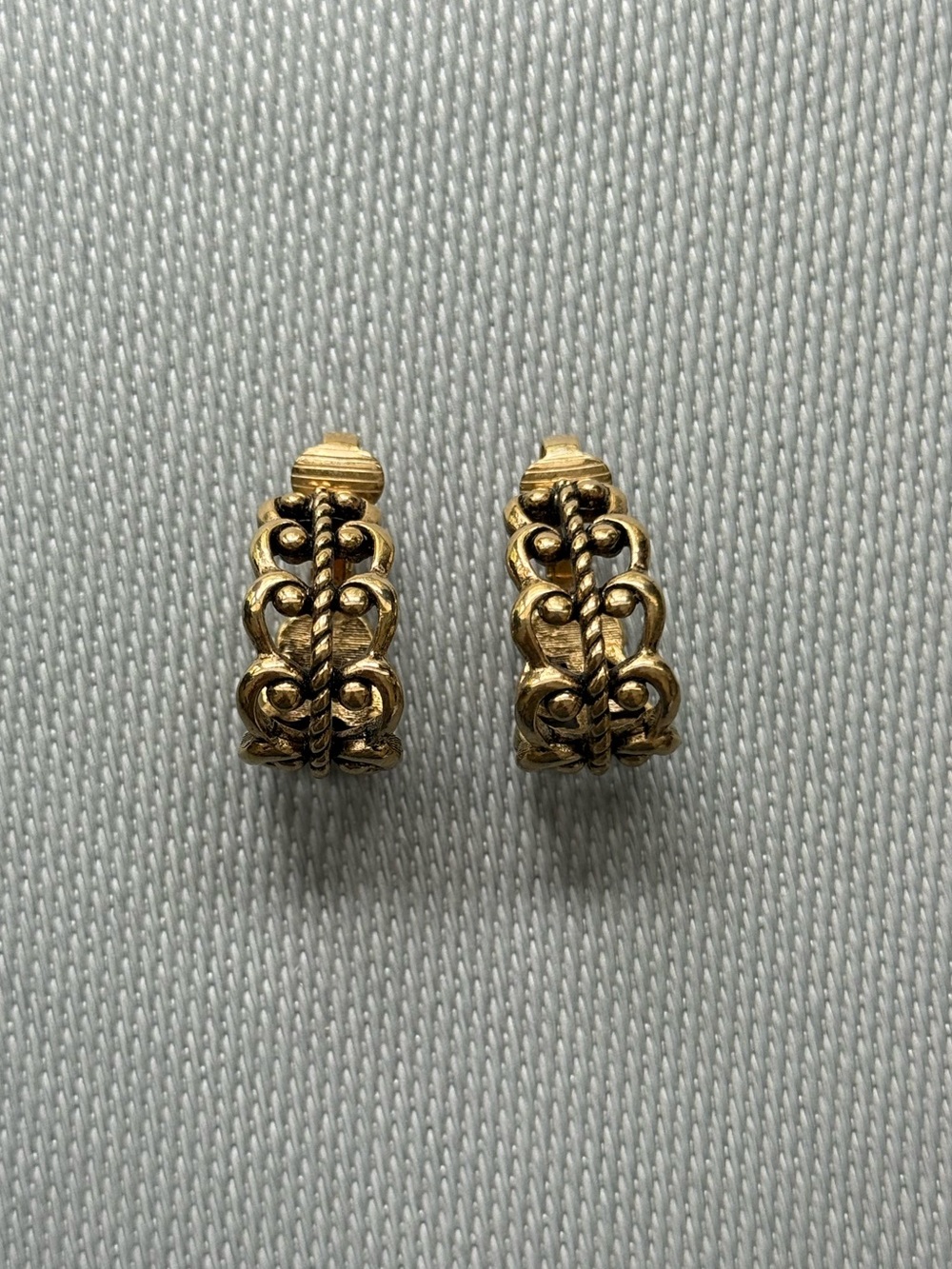 Gold Tone Filigree Swirl Hoop clip on Vintage Avon Earrings